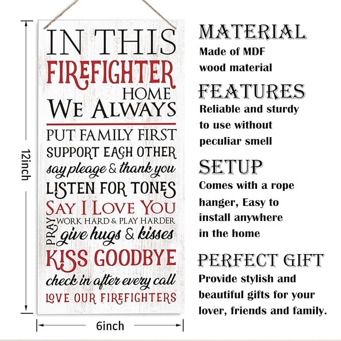 Firefighter Sign, Firefighter Home Office Decor, Family Rules Sign, Decorative Wood Hanging Wood Plaque, Rustic Door Sign, Farmhouse Hanging Decoration for Indoor Outdoor