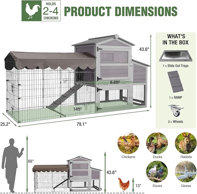 Large Mobile Chicken Coop with Run, 79" Outdoor Wooden Poultry Cage on Wheels, All-Steel Frame Hen House, Waterproof Roof, Nesting Box, for 4-6 Chickens