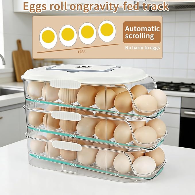 Egg Dispenser for Refrigerator, 3-Layer Clear Plastic Egg Holder Adopt Transparent PET Material & Hidden Handle Design – Egg Organizer for Refrigerator with Cover Lock Buckle (Capacity of 42 Eggs)