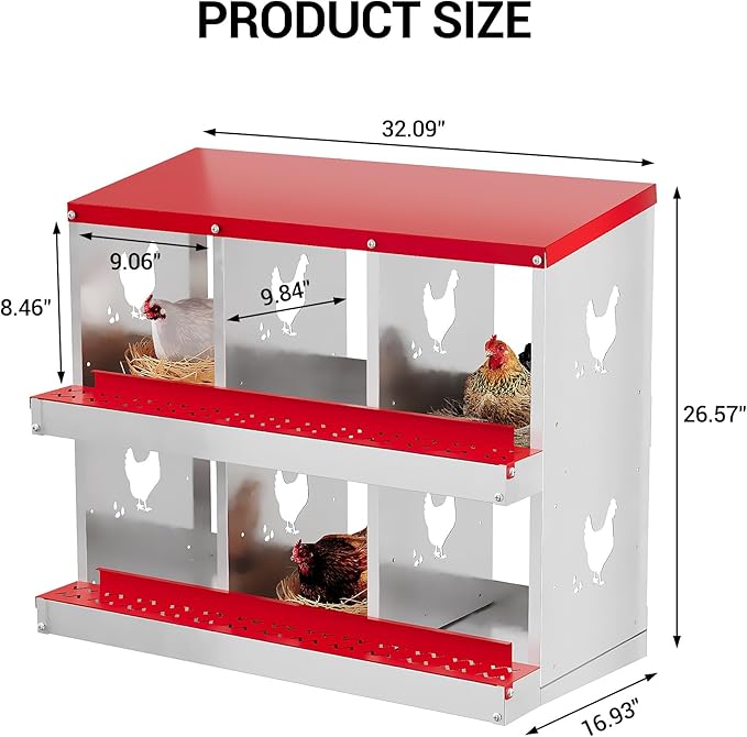 6 Hole Chicken Nesting Box, Galvanized Steel Nesting Boxes with Vented Design, Laying Nesting Boxes for Hens, Wall Mount, Red