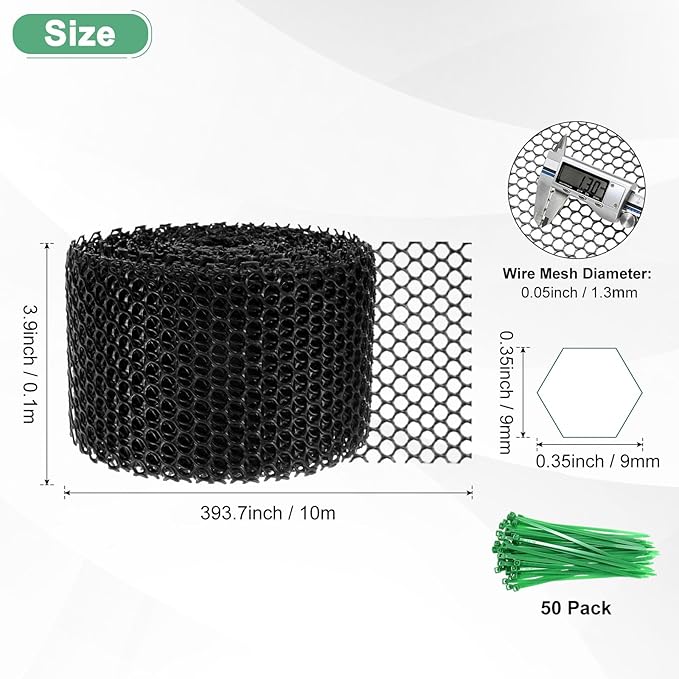 1-Pack Floral Chicken Wire Mesh, 3.9 in x 33 ft Plastic Hexagonal Chicken Wire Fencing with 50 Garden Ties for Crafts/Poultry Netting/Garden/Plant Protection [Black]