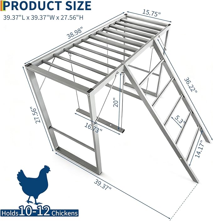 4-Tier Chicken Perch with Swing & Ladder – 39.4” Metal Chicken Roosting Bars, Coop Accessory with 2 Swings for 8-10 Chickens, Backyard Farm Enrichment Toys, Easy to Clean & Assemble