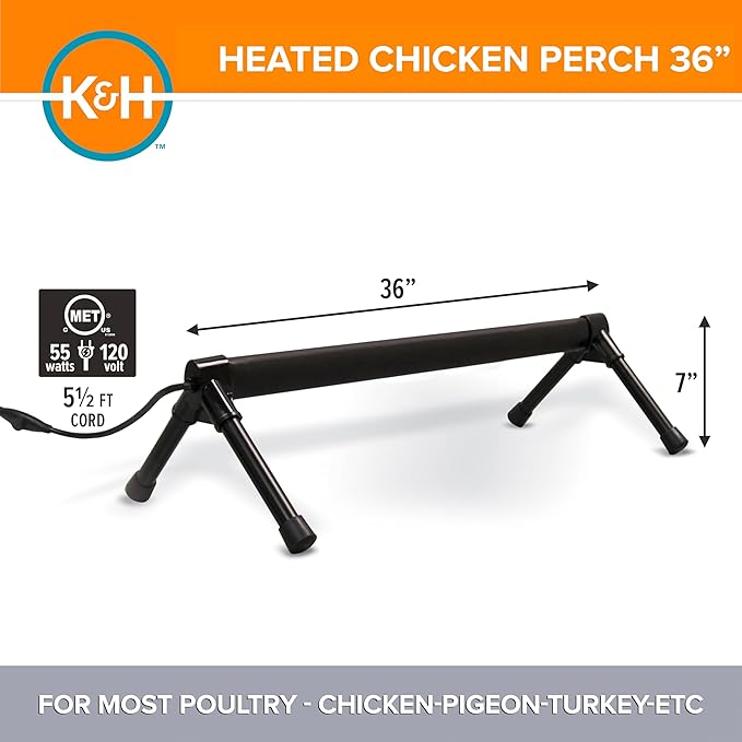 K&H Pet Products Thermo Heated Chicken Perch for Coop, Warming Chicken Heater, Prevents Frozen Toes, Warm Coop Accessories, Lamp Alternative, Safety Listed - Large 36” Black