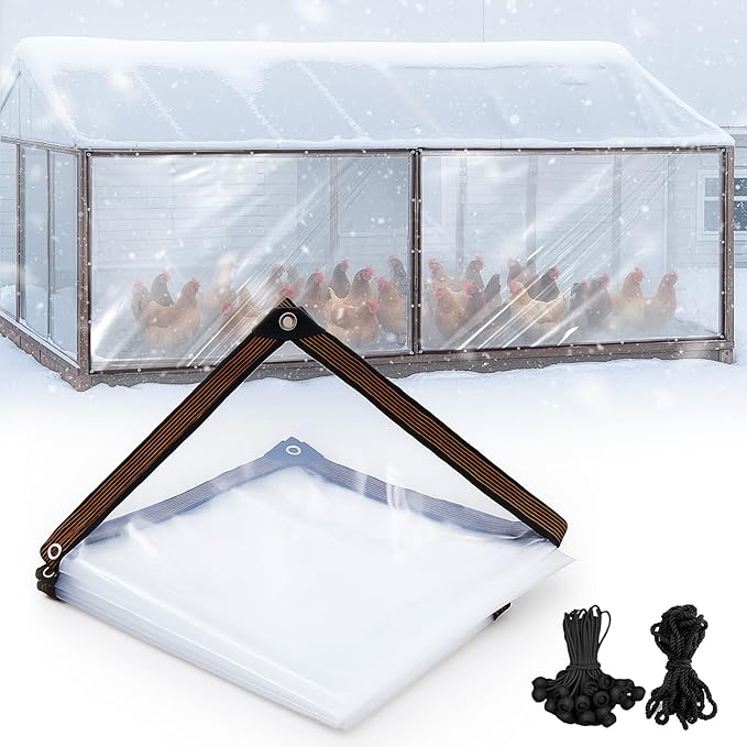 VitalCozy 1 Pcs Chicken Coop Cover 19.8 x 6.6 ft Waterproof Clear Tarp Heavy Duty PVC Vinyl Chicken Run Cover Coop Accessories for Outdoor Winter with 40 Pcs Ball Bungees Cords