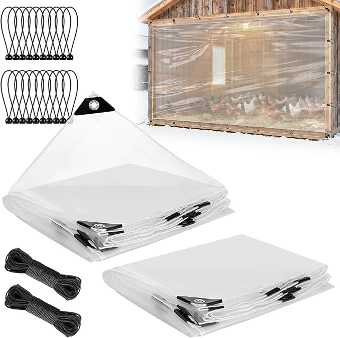 2pcs 6.6x10ft Chicken Coop Covers Accessories for Winter - Easy to Install Waterproof Chicken Run Tarp with Elastic Cords & Ropes