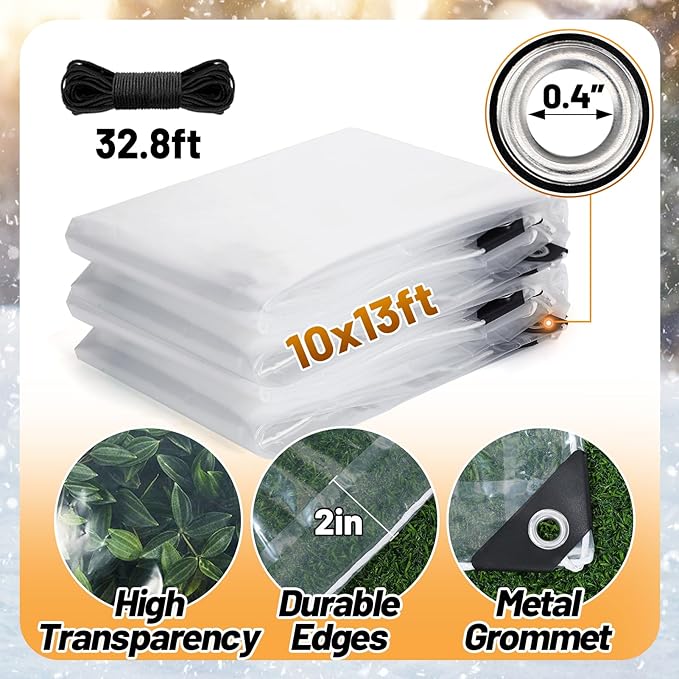 10x13ft Clear Tarp Heavy Duty Waterproof for Patio Winterizing - 5 mil Anti-Tear Snowproof & Windproof Clear Plastic Tarps with Grommets for Winter Garden Patio Enclosure Chicken Coop