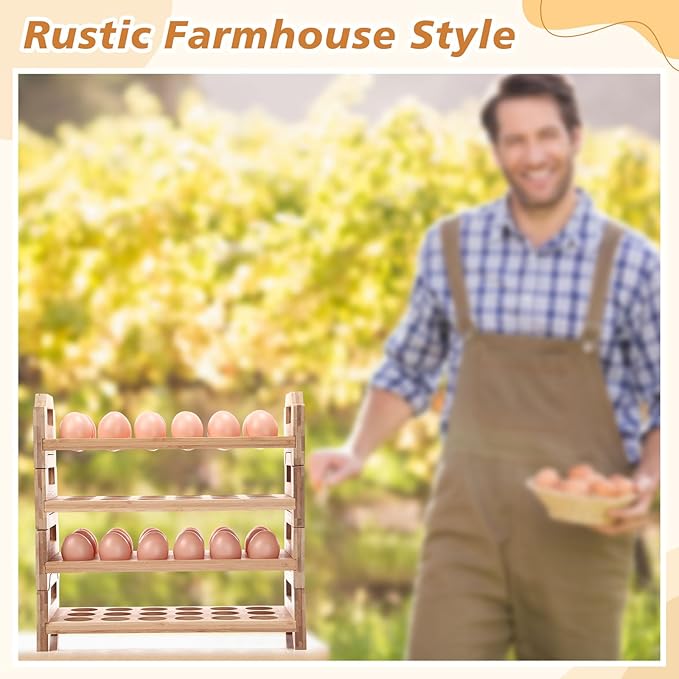 4 Tier Wooden Egg Holder for Countertop, Bamboo Stackable Fresh Eggs Storage Farmhouse Collecting Rack for Gathering Kitchen Organizer or Easter Egg Display, Stackable with 72 Eggs(Wood)