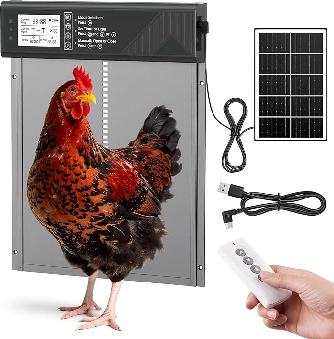 Larger Size Automatic Chicken Coop Door Solar Powered, 4000MAh Internal Battery Automatic Coop Door Anti-hit Side Charging Port, Automatic Chicken Door with Timer, Light Sensor 4Modes & Remote Control