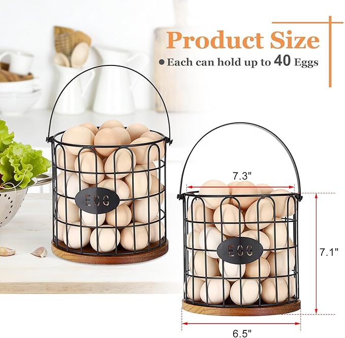 Farmhouse Vintage 7'' Round Metal Wire Egg Basket - Solid Bottom Egg Gathering Holder for Fresh Eggs, Countertop Kitchen Storage (Style 1(Straight))