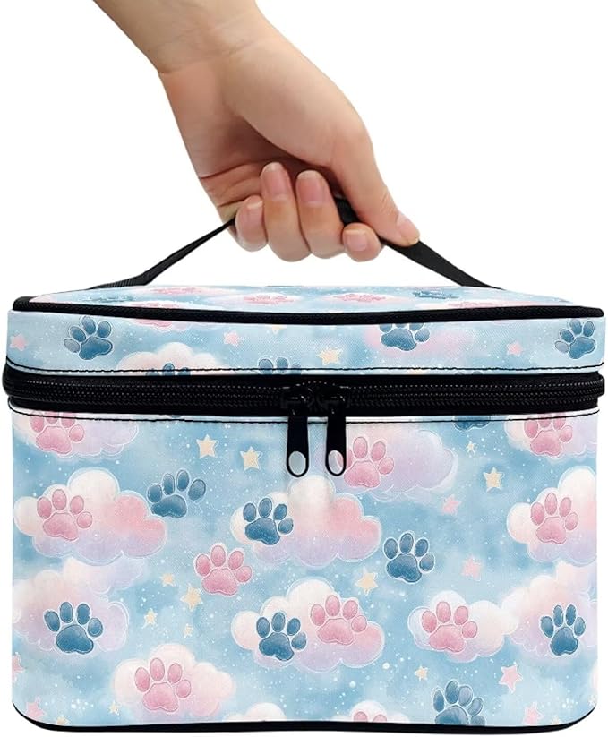 Travel Makeup Bags for Women Portable Tote Cosmetic Case with Carry Handle Toiletry Accessories Storage Organizer Bags for Valentine's Day, Cute Paws Blue