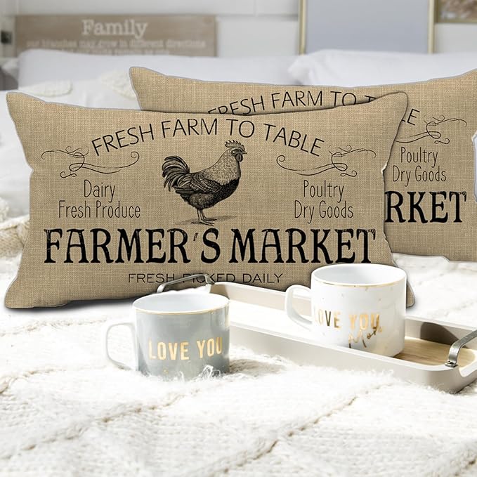 Retro Farmhouse Chicken Pillow Covers 12x20 inch Vintage Thanksgiving Day Farmer's Market Cock Poultry Goods Dairy Fresh Produce Lumbar Pillow Farm Decor Throw Cushion Case for Home Couch Pillowcase