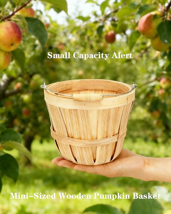 ZILAMGOO 2-Pack Apple Baskets Wooden Bushel Style – Handwoven Round Wood Fruit Baskets with Metal Handle – Rustic Farmhouse Bucket for Produce, Harvest, Holiday Display & Gifting