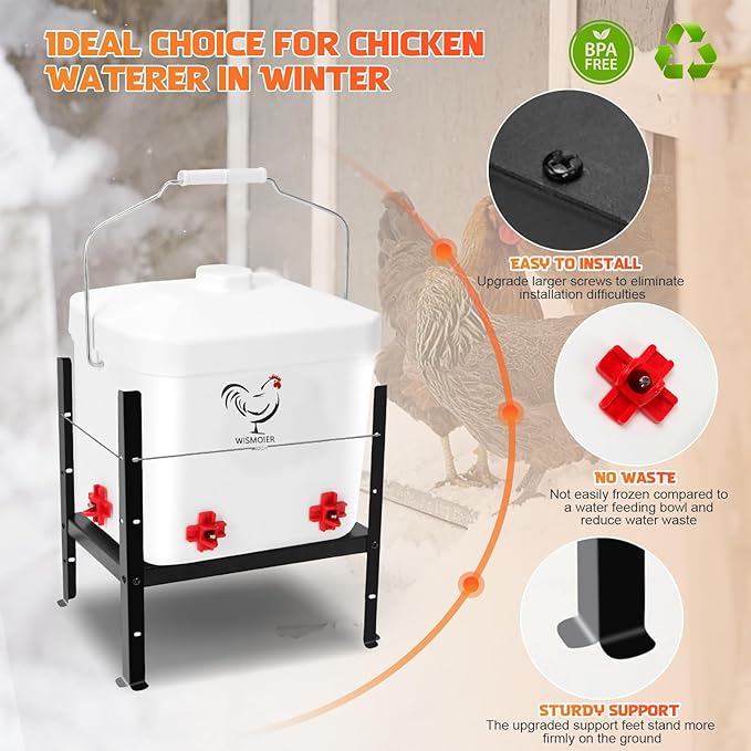 2 Gallon Heated Chicken Waterer Winter Anti-Freezing Automatic Chicken Watering System,Adsjustable Height Poultry Water Dispenser Heating Waterer 9 in x 6.8in x 8.4in