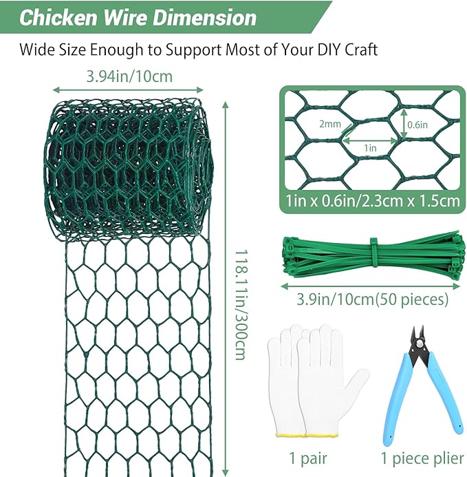 Floral Chicken Wire for Craft,4 x 118 Inch Lightweight Galvanized Hexagonal Chicken Wire Netting, 2mm Thickness Chicken Wire Fence for Garden Poultry, Chicken Wire Mesh with Gloves, Wire Ties, Plier