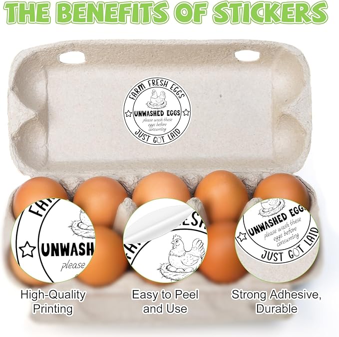 500PCS Farm Fresh Egg Carton Labels, 2 Inch Round Egg Carton Stickers, PET Self Adhesive Writable Farm Fresh Eggs Packaging Stickers for Chicken Quail Farmhouse Family(Style02)