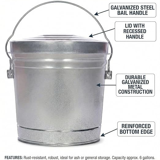 Galvanized Steel Locking Lid Storage Can, 6 Gallon, Heavy Duty Metal Pail for Bird Seed, Dry Pet Food, Charcoal Ash, Rodent Proof, Rust Resistant with Wire Bail Handle