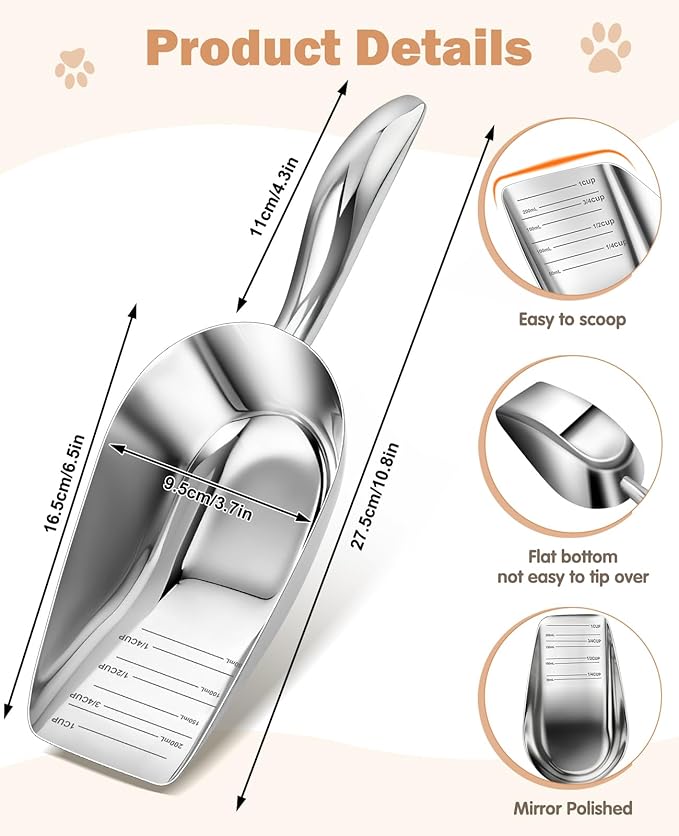 Stainless Steel Dog Food Scoop 1 Cup, Metal Pet Food Scoop With Measuring Lines (Cup/Ml), Dog Food Measuring Scoop For Dogs, Cats, And Kitchen Use, Dishwasher Safe