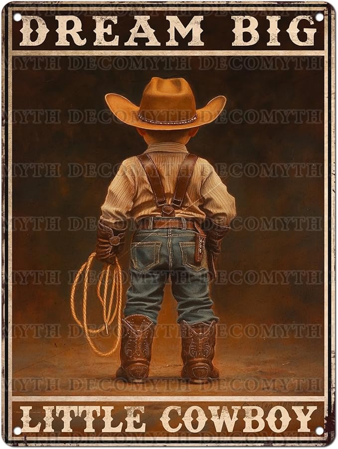 Vintage Boy Tin Sign Dream Big Little Cowboy Retro Wall Decor Garden Plaque Funny Metal Poster Kitchen Store Cafe Toilet Bathroom Bar Pubs Boys room Living Room Bedroom 12 * 16inch