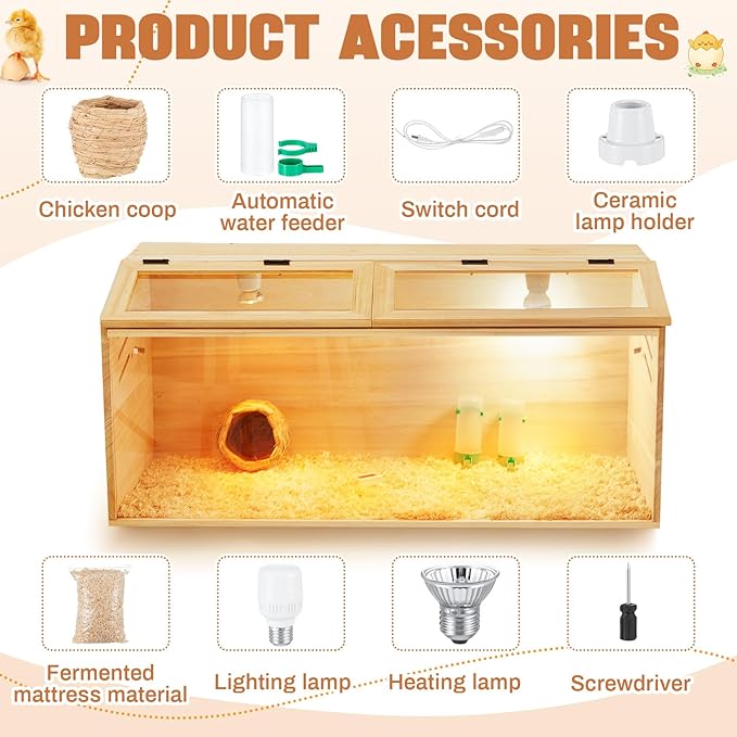 32 x 16 x 16 in Brooder Box for Chicken Quails Stand Sliding Door, Bulb Set and Feeder, Indoor Chicks Coop Brooder Box Kit, for Ducks, Hamsters, Lizards, Mice, Rat(No Legs, Wooden)