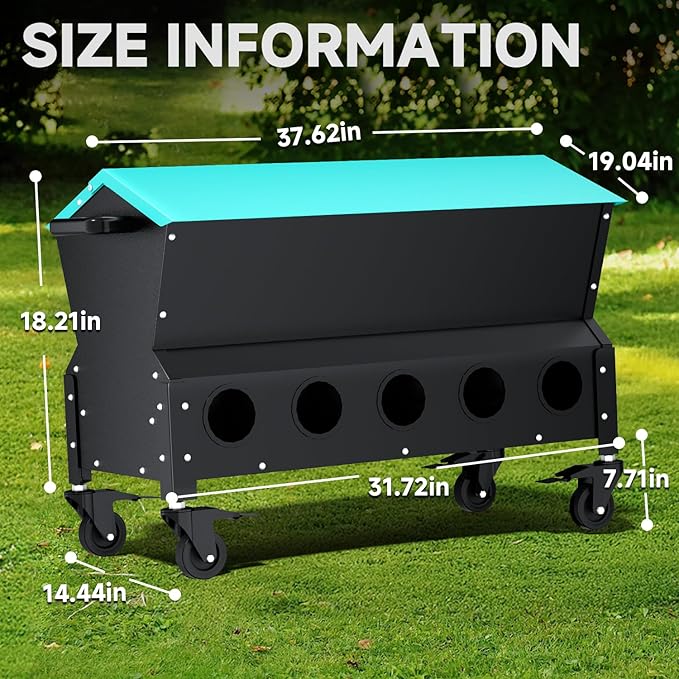 Heavy Duty Chicken Feeder 120 lbs Large Capacity, Metal Automatic Poultry Feeding Box with Waterproof Lid, Raised Standing Feeder with Wheels for Hens & Roosters, Portable & Easy to Move