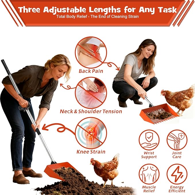 Chicken Poop Scooper & Rake 2-in-1 – 12 Inch Shovel Head & 3-Angle Adjustable 304 Stainless Steel Handle, Chicken Litter Scoop and Coop Rake & Sand Sifting Shovel for Chicken Coops, Orange