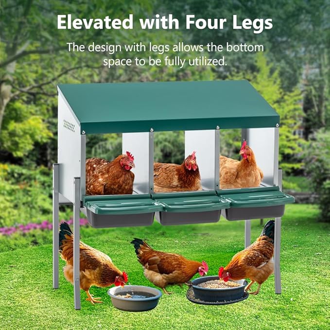 Green Chicken Nesting Box for Laying Eggs – Roll Away Poultry Nest, Durable & Easy-Clean Hen Egg Box for Coops, Secure & Comfortable (3-Hole with Legs,Green)
