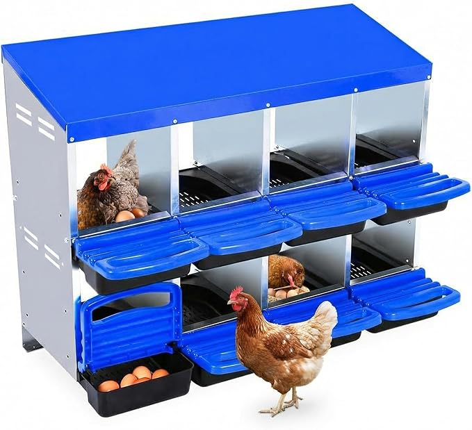 Chicken Nesting Box, 8 Compartments Metal Roll Away Nest Box for Chicken Coop, Heavy-Duty Eggs Laying Boxes with Removable Lid for Easy Egg Collection, Easy Cleaning, Blue