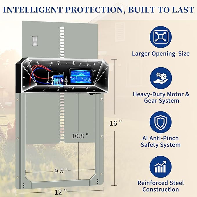 Automatic Chicken Coop Door with Solar Panel & Light - Solar Powered, Timer & Remote, 16”x12” Door, Anti-Pinch Alarm, Waterproof Aluminum, 5-Year Warranty for Hens Ducks Poultry