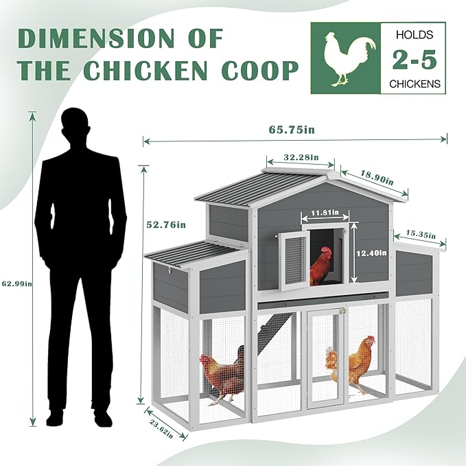 Wooden Chicken Coop with Run, Outdoor Chicken House with 2 Nest Boxes for 2-6 Chickens, Outside Hen House Poultry House Pet Hutch Chicken Cage with Waterproof Roof & Ramp, (66''LX32''WX53''H)