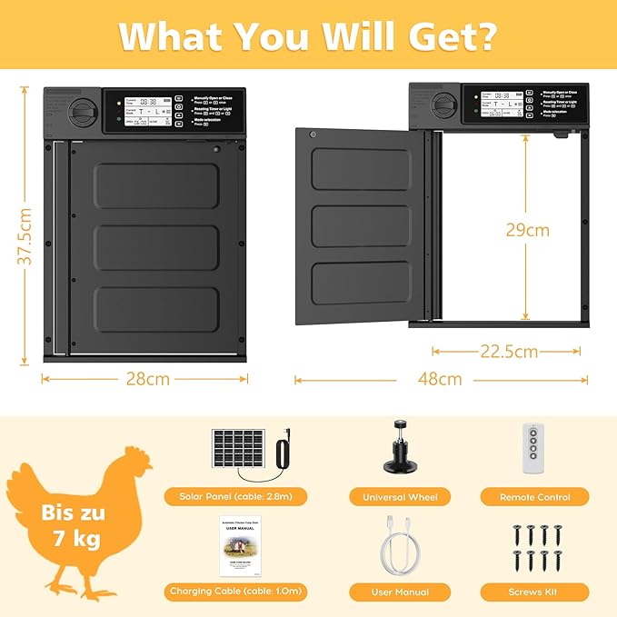 Large Size Automatic Chicken Coop Door Solar - Powered Auto Chicken Door Opener, Automatic Chicken Door with Timer/Light Sensor Modes, Intelligent Obstacle Sensors, Remote Control, 14.76"H x 11.02"L