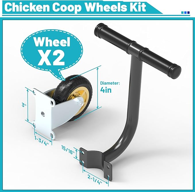 Chicken Coop Wheels Kit, 2 Pack 4" Fixed Caster Wheels & A Pull Handle, Fit for Mobile Chicken Cage, Chicken Tractor & Poultry House, Portable Chicken Coop Accessories, Easy to Use