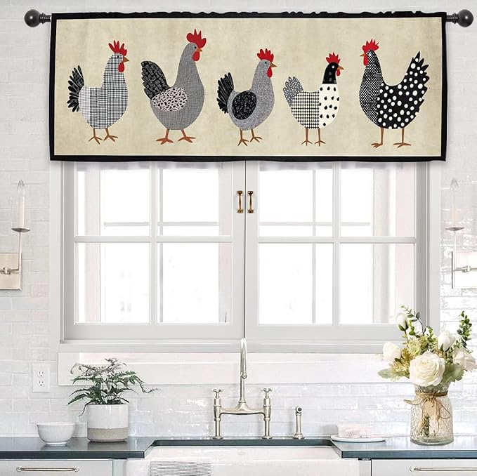 Chicken Rooster Kitchen Curtain Valance 54W x 18L Inch Farm Rural Vintage Retro Country Rod Pocket Short Cafe Small Window Treatment Drapes Decor