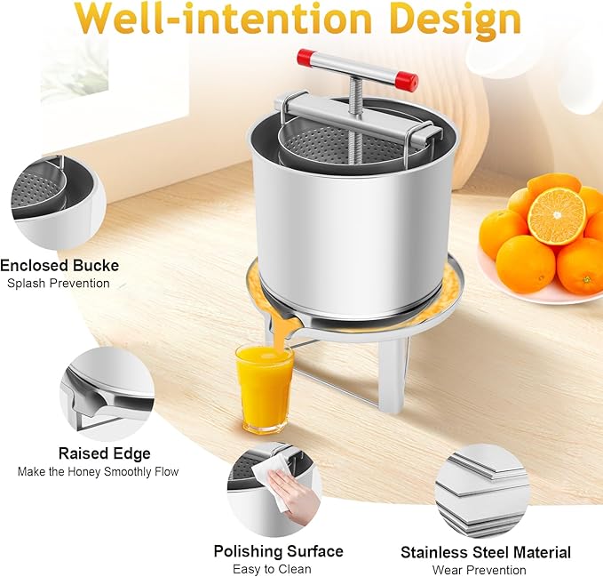 Manual Bee Honey Extractor, 530 Oz Stainless Steel Fruit Extractors Utility Press Extractors with Mesh & Splash-Proof Bucket Beekeeping Supplies Wine Making Equipment for Farms, Beehives