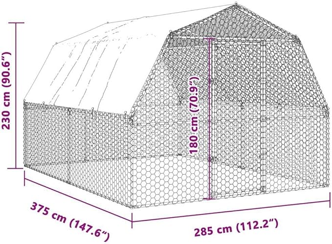 Walk-in Chicken Coop Silver 112.2 x 147.6 x 90.6 in Galvanized Steel Polyethylene Outdoor Hen Run Durable Weatherproof Poultry Cage for Backyard Farm Garden
