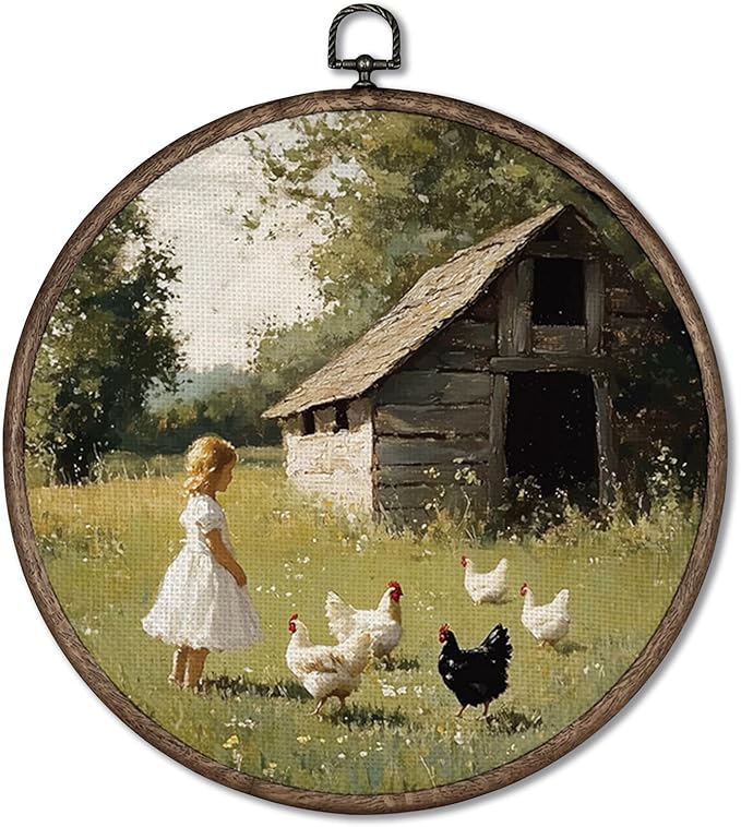 Giosve Rustic Farmhouse Round Wall Art Canvas Framed Poster, Retro Country Farmhouse Girl Feeding Chickens Hanging Wall Sculptures for Home Bedroom Living Room Decor, 10x10 Inch