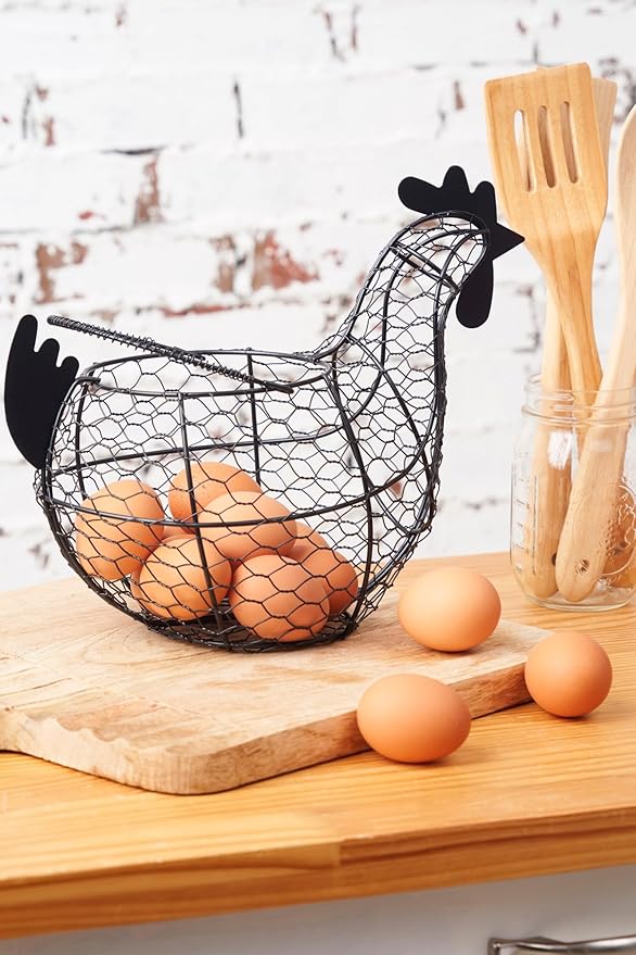 tag 11.5 inch Black Farmhouse Rustic Vintage Chicken Wire Egg Basket with Handle for Egg Holder Fruit and Kitchen Living Room Home Rooster Decor Decoration Collecting and Countertop Storing Eggs