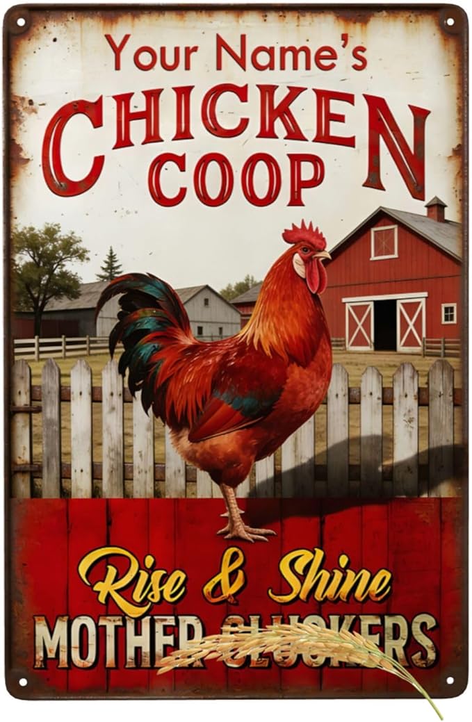 Custom Chicken Coop Sign Personalized Name Rise and Shine Funny Metal Tin Plaque Vintage Farm Decor Rooster Barn Wall Accessory