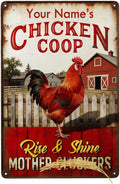 Custom Chicken Coop Sign Personalized Name Rise and Shine Funny Metal Tin Plaque Vintage Farm Decor Rooster Barn Wall Accessory