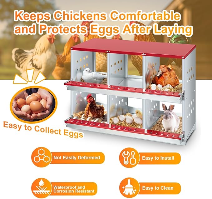 6-Compartment Chicken Nesting Box with Roll-Away Egg Collection - Metal Laying Box for Hens and Ducks, Features Pull-Out Tray & Swing Perch, Wall Mount Design for Coops