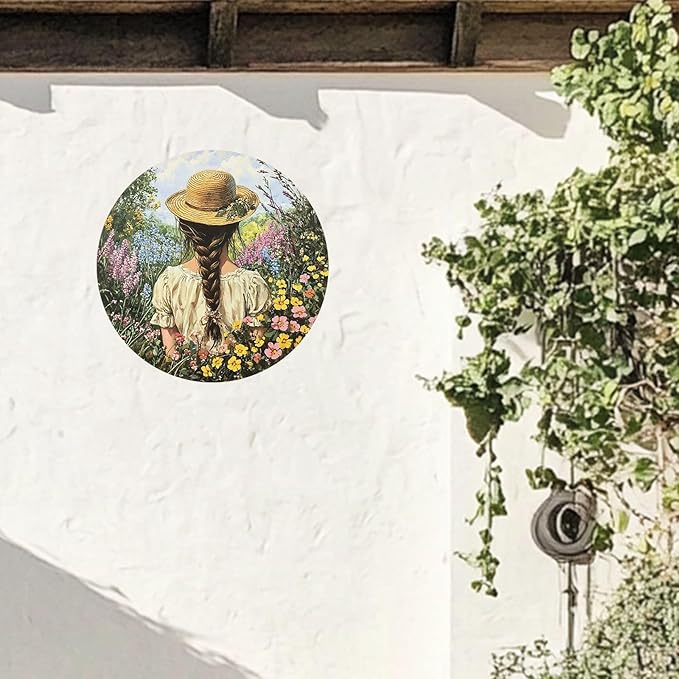Funny Girl Flowers Funny Round Garden Metal Signs Vintage Tin Sign Retro Wall Wreath Decor for Home Garden Yard Bar Cafe Farmhouse Garage Indoor Outdoor 8 Inch