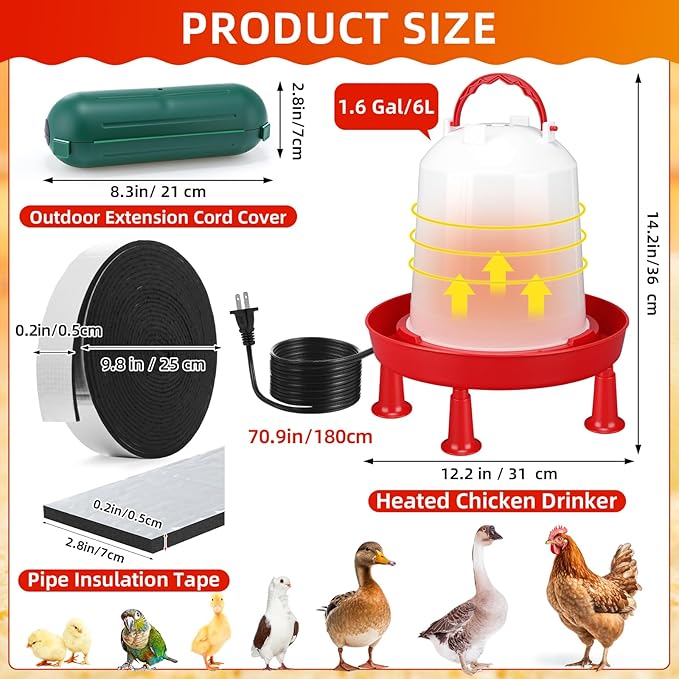 3 Pcs 1.6 Gallon 6l Heated Chicken Waterer Kit, Large Poultry Drinker with Auto-Thermostat Base, All-Season Water Heater Set with Waterproof Extension Cord Cover for Coop Garden Use
