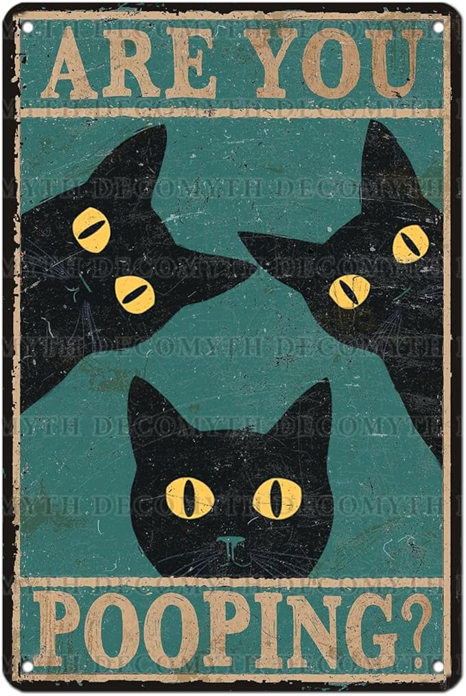 Black Cat Vintage Tin Sign Are You Pooping Metal Tin Sign for Bathroom Decor Poster 12 * 8inch