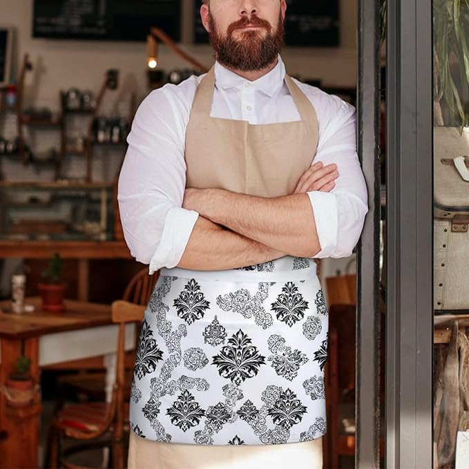 Unisex Chef Waiter Apron Waist Half Short Serving Aprons with 3 Pockets