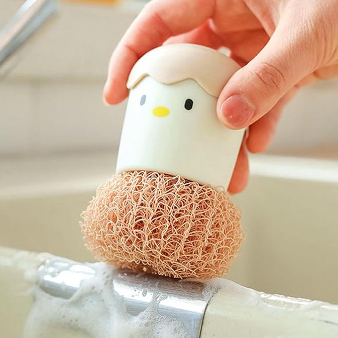 2PC Kitchen Cleaning Brush Eggshell Chicken Dish Potato Vegetable Scrubber Fruit, Cute Cartoon Kitchen Cleaning Scrubbers, Detachable Handle and Fiber Ball, Multipurpose Dish Pot Washing Tool (#2)