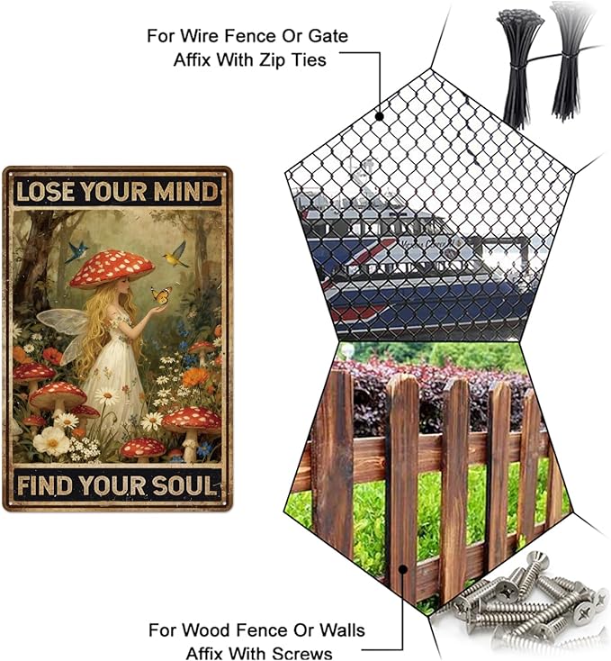 GLOBLELAND Vintage Mushroom Hunter Metal Tin Sign 12x8 inch Mind and Soul Tin Signs Decor Forest Plants Woman Metal Wall Plaque for Home Room Farmhouse Cafes Office Store Bar Kitchen Garden Decor