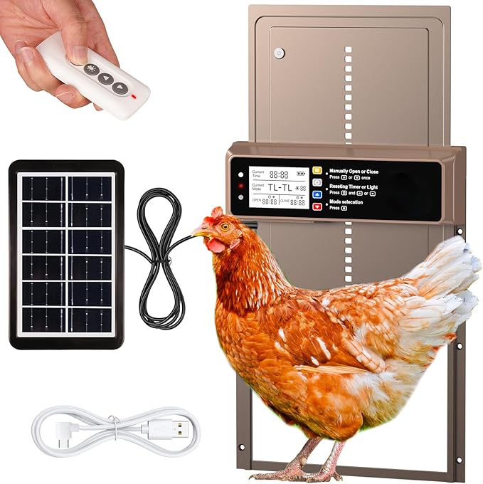 Automatic Chicken Coop Door Solar Powered, LCD Display Automatic Chicken Door with Timer & Light Sensor, Aluminum Alloy Chicken Door with Remote Control & 4 Modes