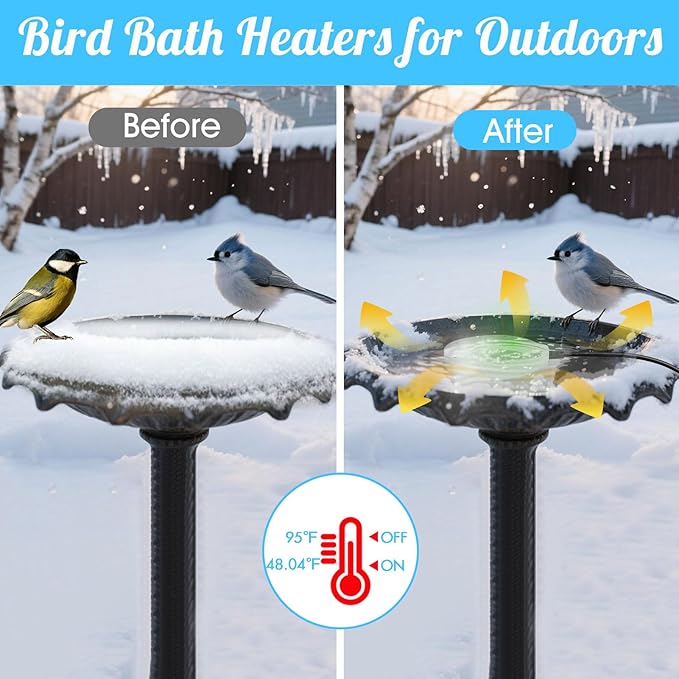 Bird Bath Heater, Upgraded 100W De-Icer Submersible Bird Bath Heaters for Outdoors in Winter, Chicken Water Heater for Winter, Thermostatic Control w/LED Indicator, 5.9 Ft Cord (White-1Pack)