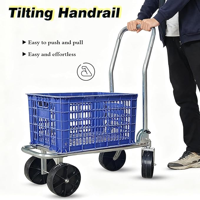 Pushable Utility Dual-Bucket Hand Truck for Farmland/Greenhouse, Galvanized Steel All-Terrain Hand Dollys with 7 Inch Large Wheels for Moving Farm Crop/Grocery