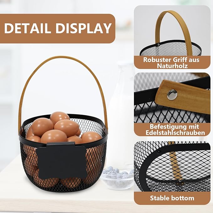 Farmhouse Egg Baskets for Gathering Fresh Eggs, Oval Metal Egg Collecting Basket Egg Holder with Wooden Handle, Countertop Kitchen Decor