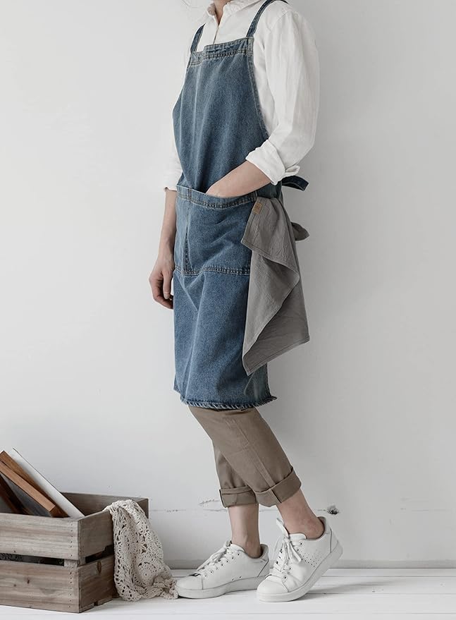 Cotton Denim Apron Soft - Unisex Adjustable Bib Apron with 5-Pockets Perfect for Kitchens